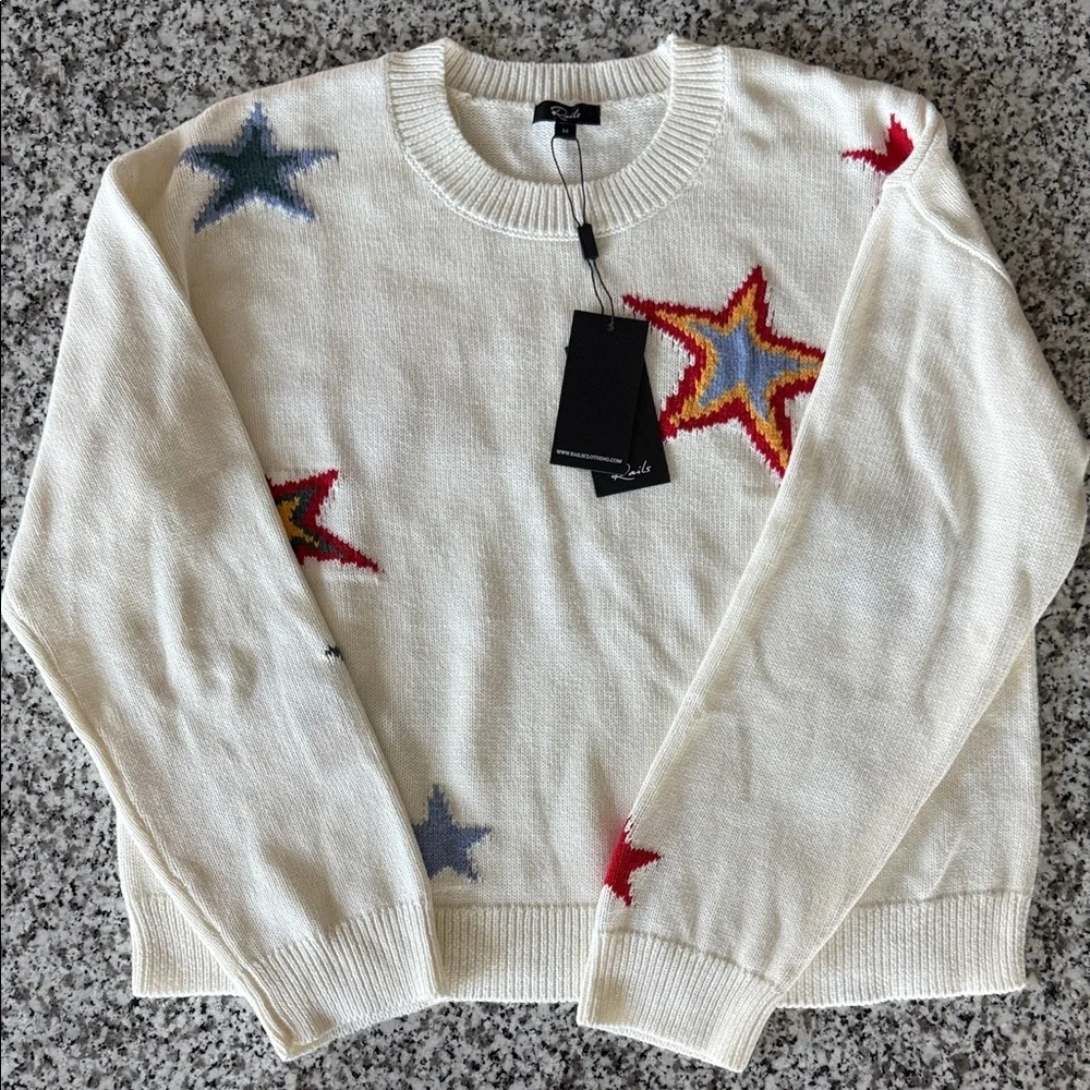Rails Crew Neck Sweater Cream w/Multicolor Stars Cotton/Cashmere "Perci" Sz M - Picture 3 of 11